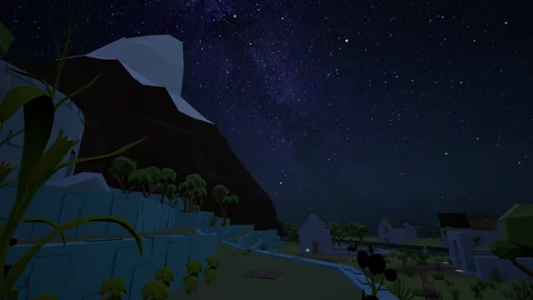 Stylized village and terraced mountain beneath a star-filled night sky.