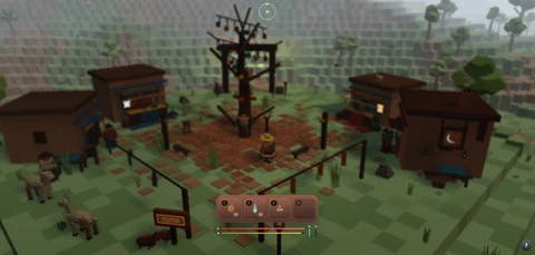 Stylized village plaza with a central tree, characters, llamas and an inventory interface.