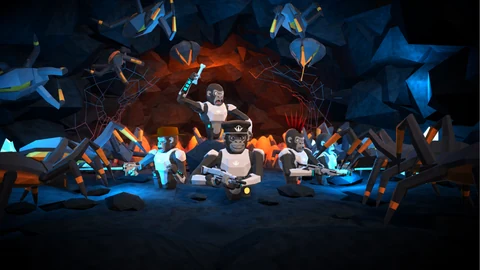 Gorilla squad facing alien insects in a glowing cavern