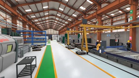 Factory floor with industrial machinery, workers, overhead gantries and a marked green walkway.