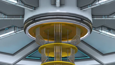 Quantum computing hardware in a futuristic laboratory