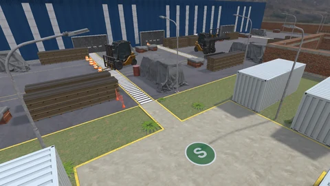 Warehouse yard with two forklifts, stacked materials, marked crossings, traffic cones and shipping containers.